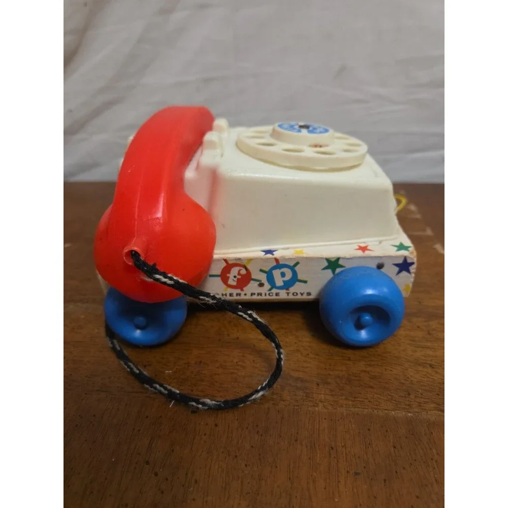 Fisher Price Chatter Telephone #747 1961 Wooden Base Rotary Dial Pull Toy Vintag
